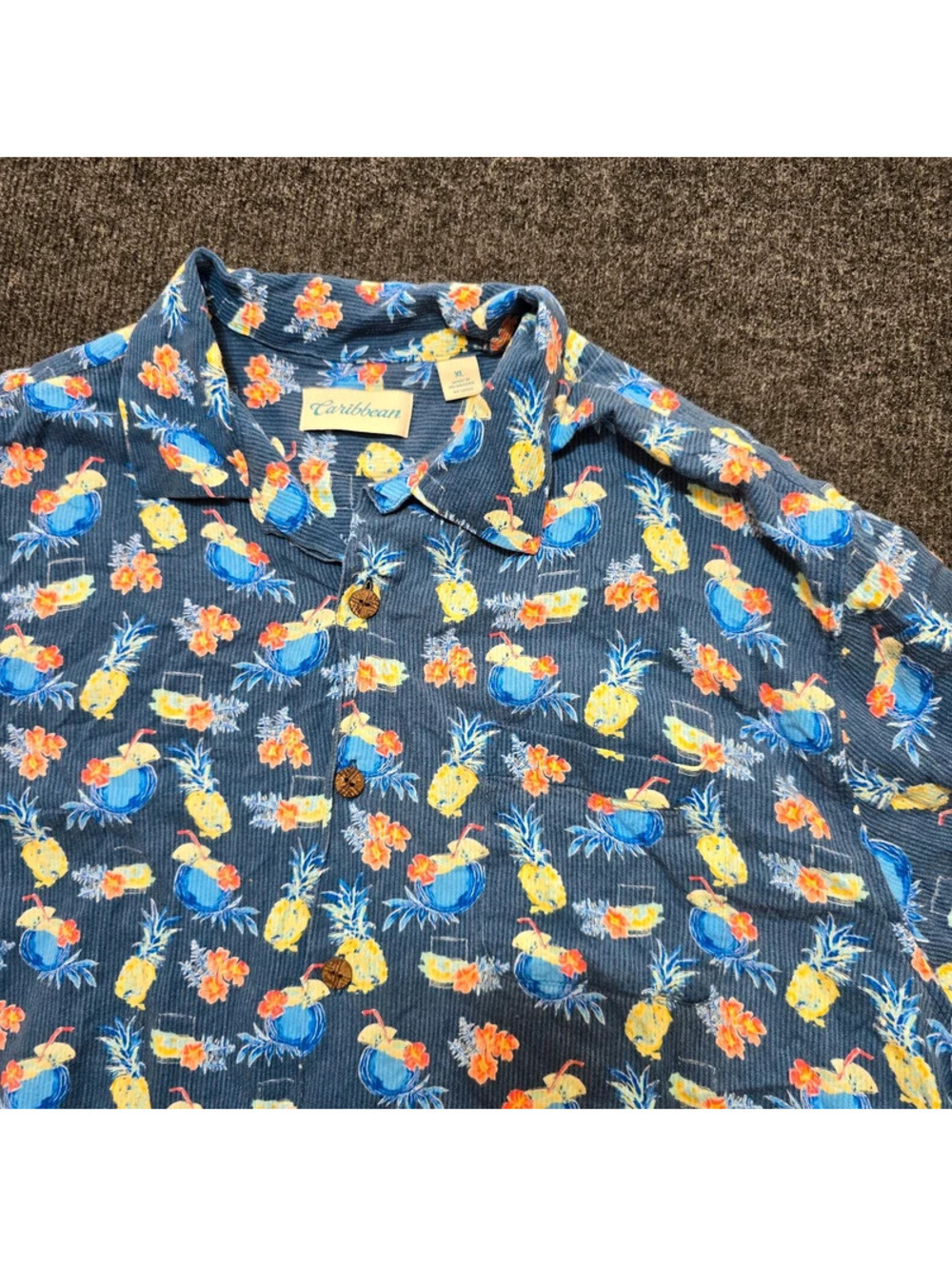 Caribbean Mens XL Corduroy Camp Shirt Blue Tropical Pineapple Cocktail Hawaiian